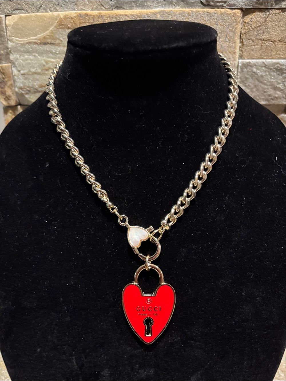 Gucci Gold-Tone Chain with Red Heart Padlock Pendant